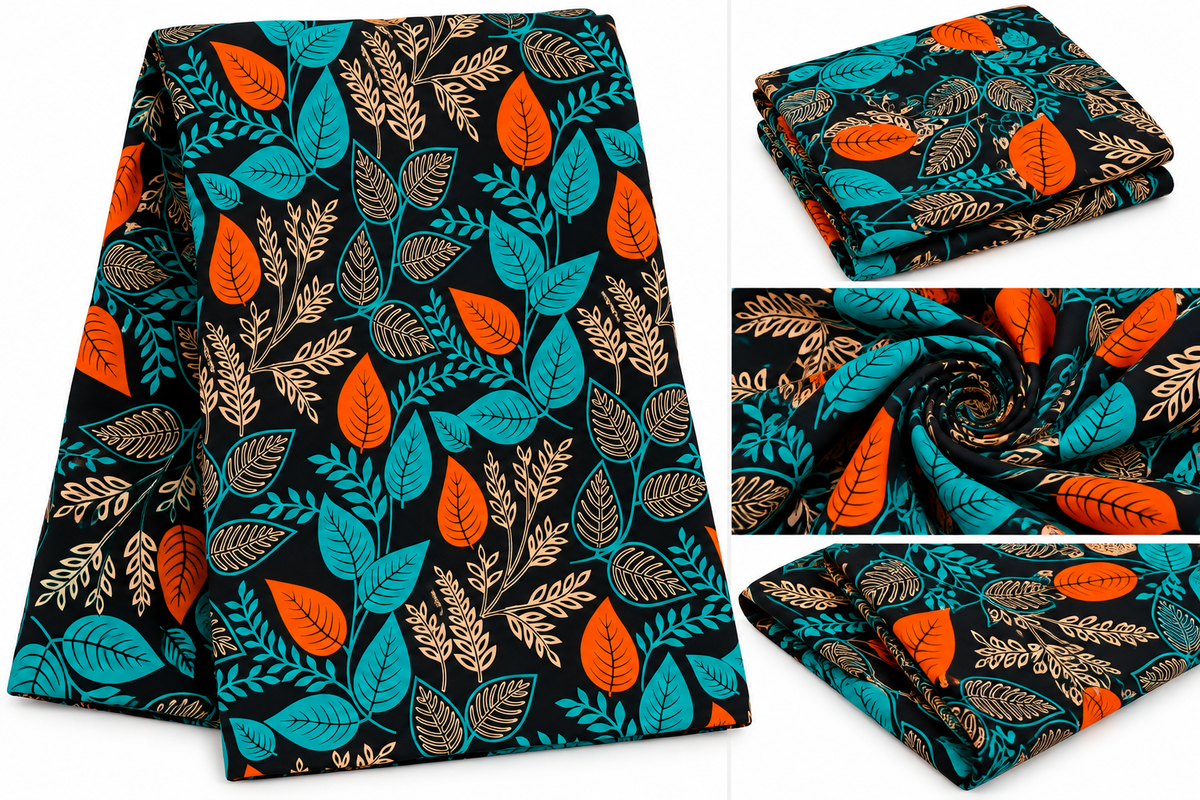 African Wax Print Fabric – Black Teal Orange & Cream Botanical Leaf Pattern, Vibrant Ankara Fabric for Dresses, Gowns, Skirts & Sewing Projects
