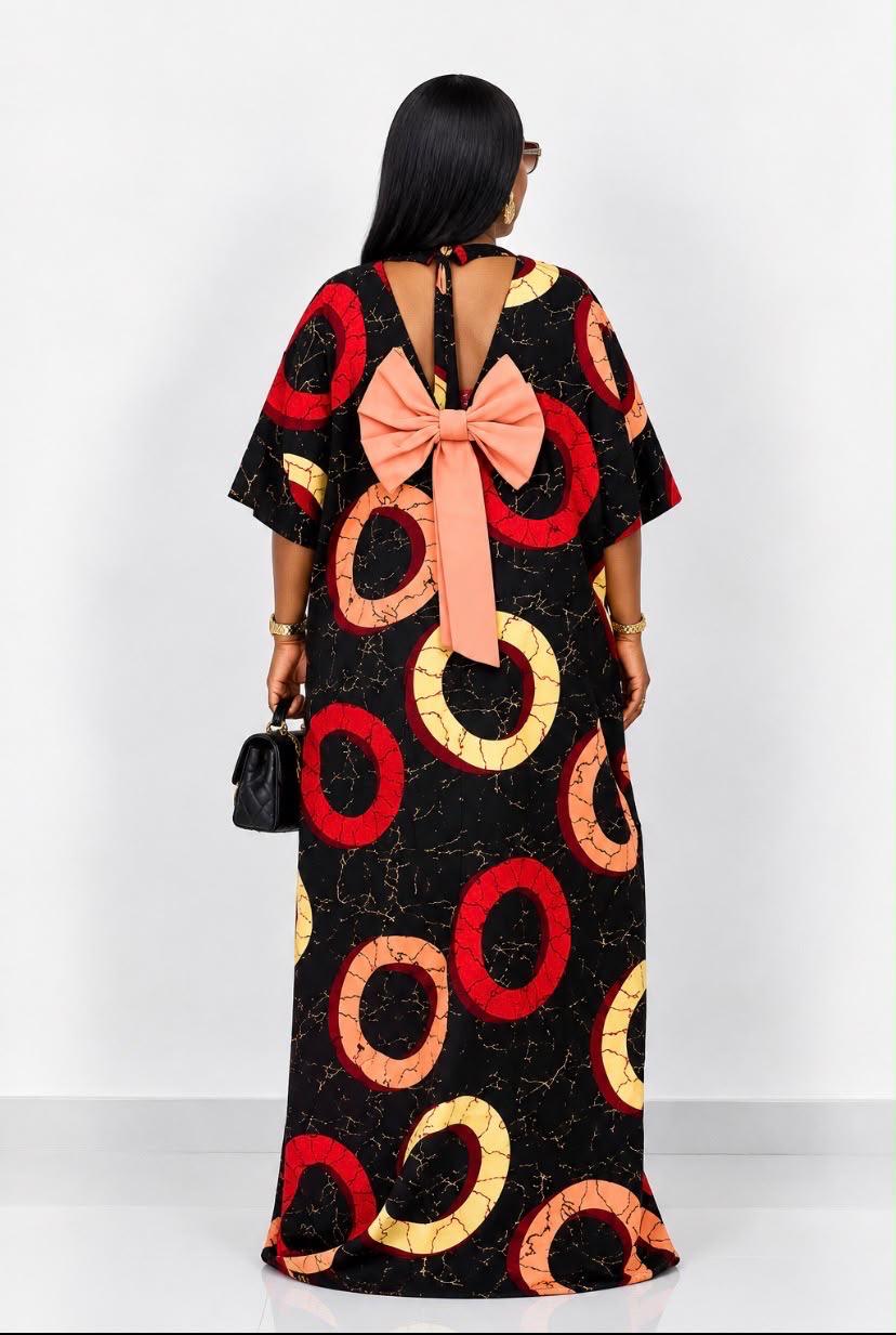 African Ankara Maxi Kaftan Dress with Bow Back