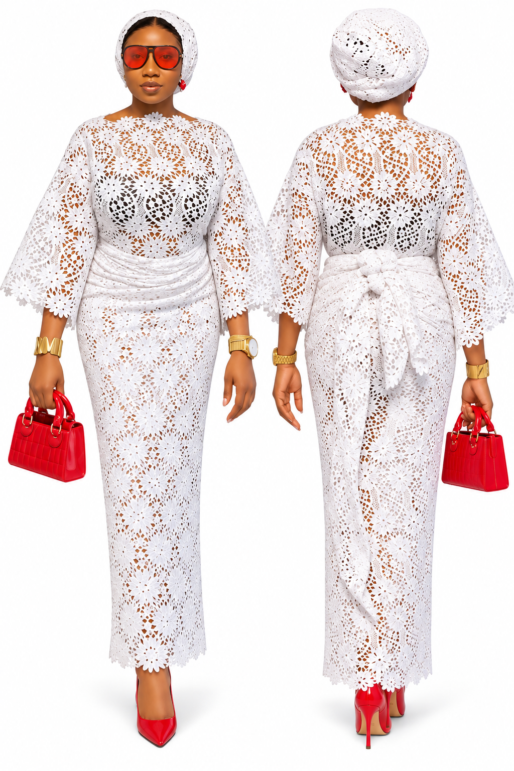 Women's Elegant White Floral Lace Iro and Buba Traditional Outfit with Matching Gele Headwrap, African Wedding and Special Occasion Attire
