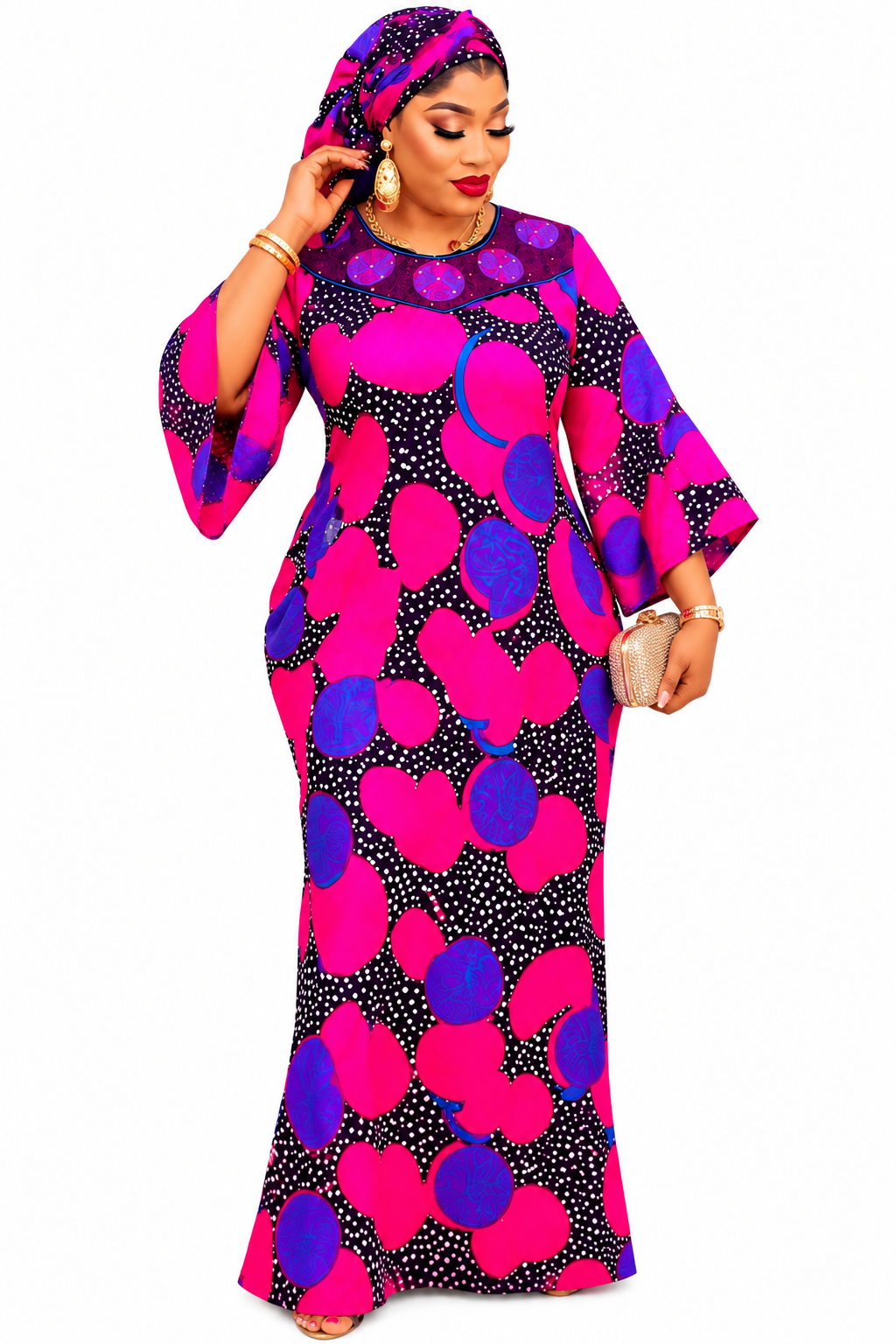 confidence.  Features:  * Style: African print maxi gown * Neckline: Round neck * Sleeves: Three-quarter flared sleeves * Length: Floor-length * Pattern: Hot pink, royal purple, and black circular print * Included accessory: Matching headwrap