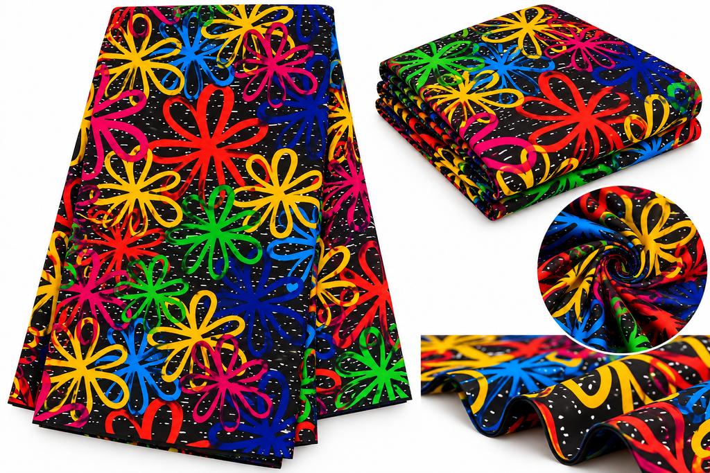 Vibrant African Ankara Wax Print Fabric – Multicolor Floral Pattern on Black Background, Traditional African Print for Dresses, Gowns, Skirts & Fashion Sewing