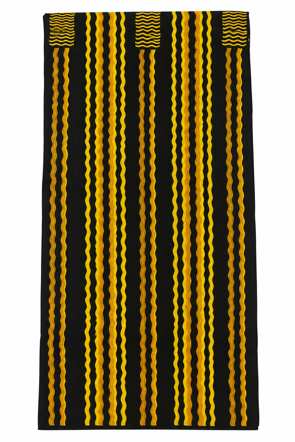 Black and Yellow African Print Fabric – Bold Wavy Stripe Pattern, Golden Accent Cotton Fabric for Dresses, Gowns, Skirts & Traditional Outfits