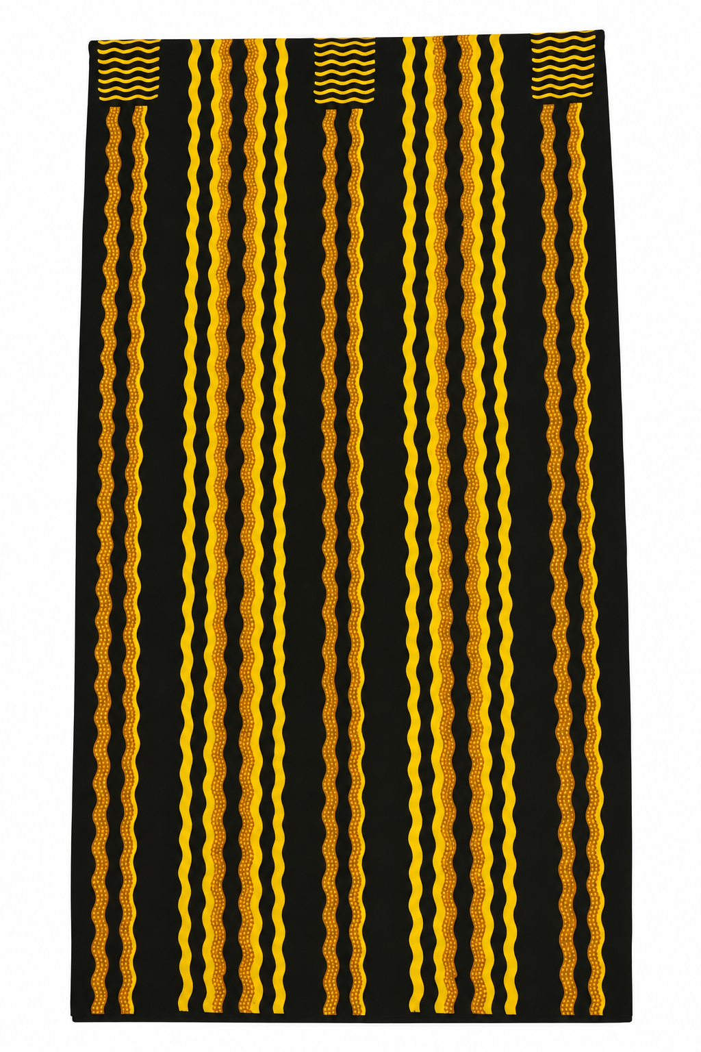 Black and Yellow African Print Fabric – Bold Wavy Stripe Pattern, Golden Accent Cotton Fabric for Dresses, Gowns, Skirts & Traditional Outfits