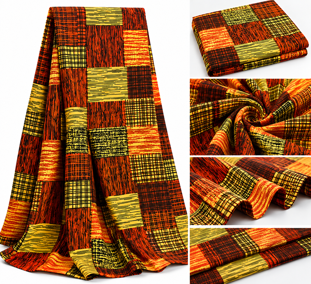 6-Yard Ankara Wax Print Fabric – African Geometric Patchwork Pattern, Orange Brown Black & Gold Yellow Cotton Fabric for Dresses, Gowns, Skirts & Sewing Projects