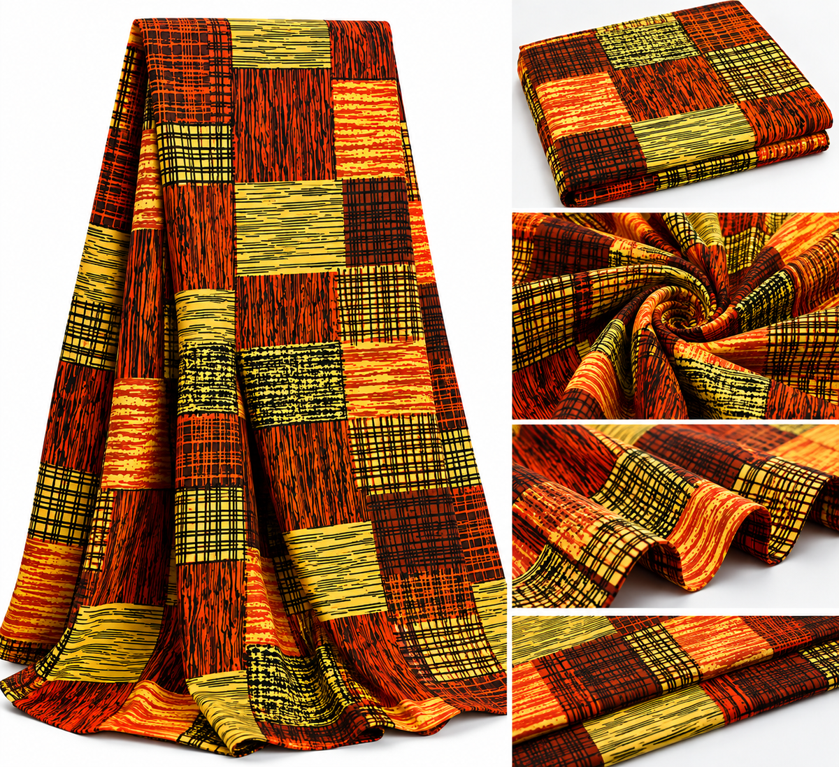 6-Yard Ankara Wax Print Fabric – African Geometric Patchwork Pattern, Orange Brown Black & Gold Yellow Cotton Fabric for Dresses, Gowns, Skirts & Sewing Projects