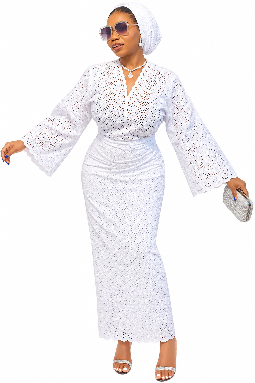 Women’s African Lace Iro and Buba Two-Piece Outfit with Matching Headwrap – Elegant Traditional Dress