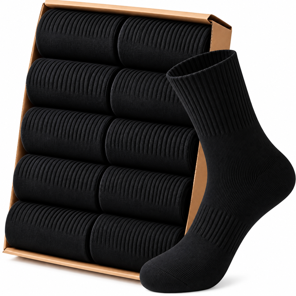 Men’s White Crew Socks, 5 Pairs, Ribbed Stretch Cotton Casual Athletic Socks