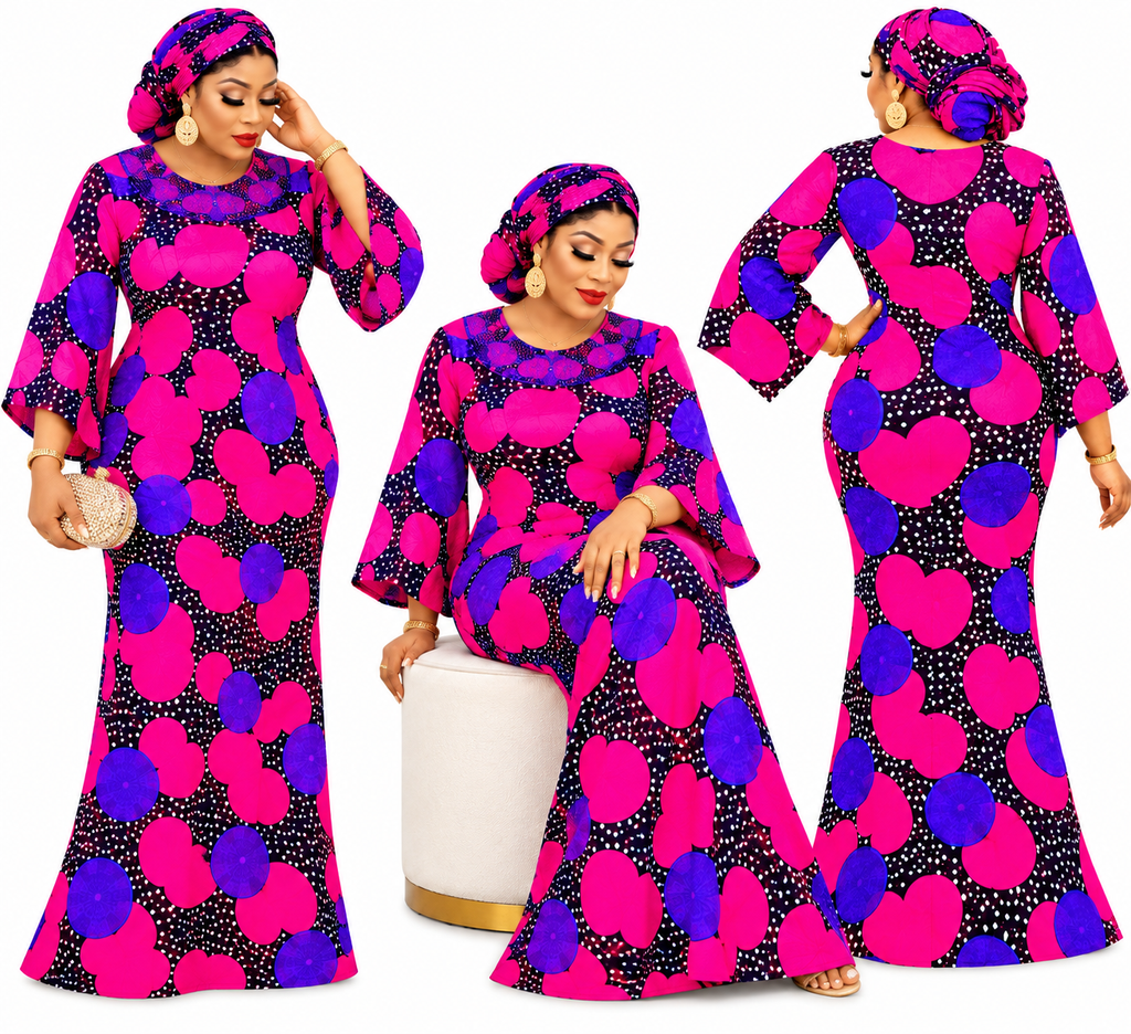 confidence.  Features:  * Style: African print maxi gown * Neckline: Round neck * Sleeves: Three-quarter flared sleeves * Length: Floor-length * Pattern: Hot pink, royal purple, and black circular print * Included accessory: Matching headwrap