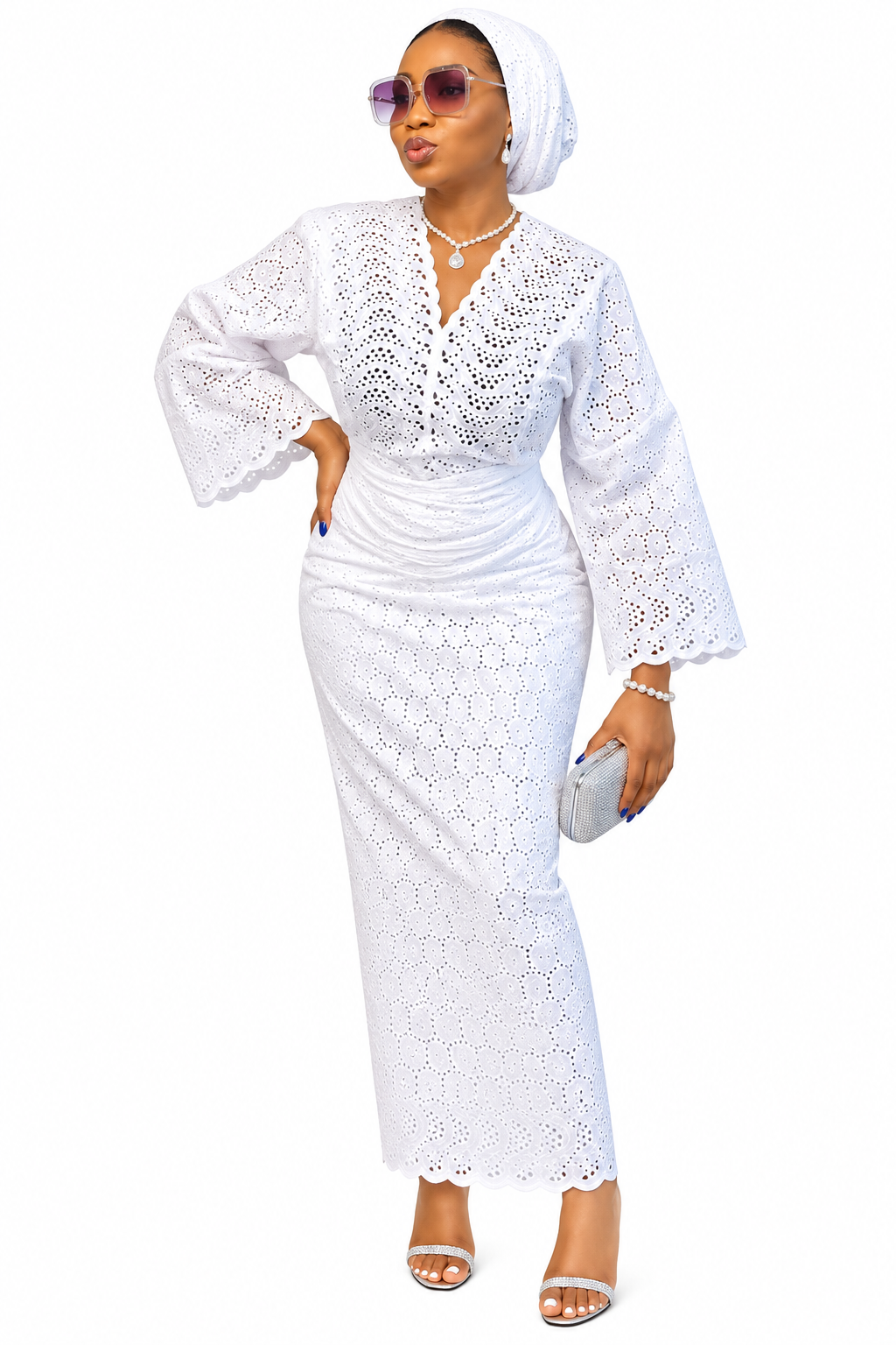 Women’s African Lace Iro and Buba Two-Piece Outfit with Matching Headwrap – Elegant Traditional Dress