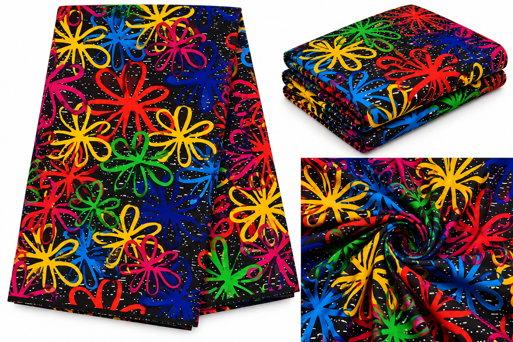 Vibrant African Ankara Wax Print Fabric – Multicolor Floral Pattern on Black Background, Traditional African Print for Dresses, Gowns, Skirts & Fashion Sewing