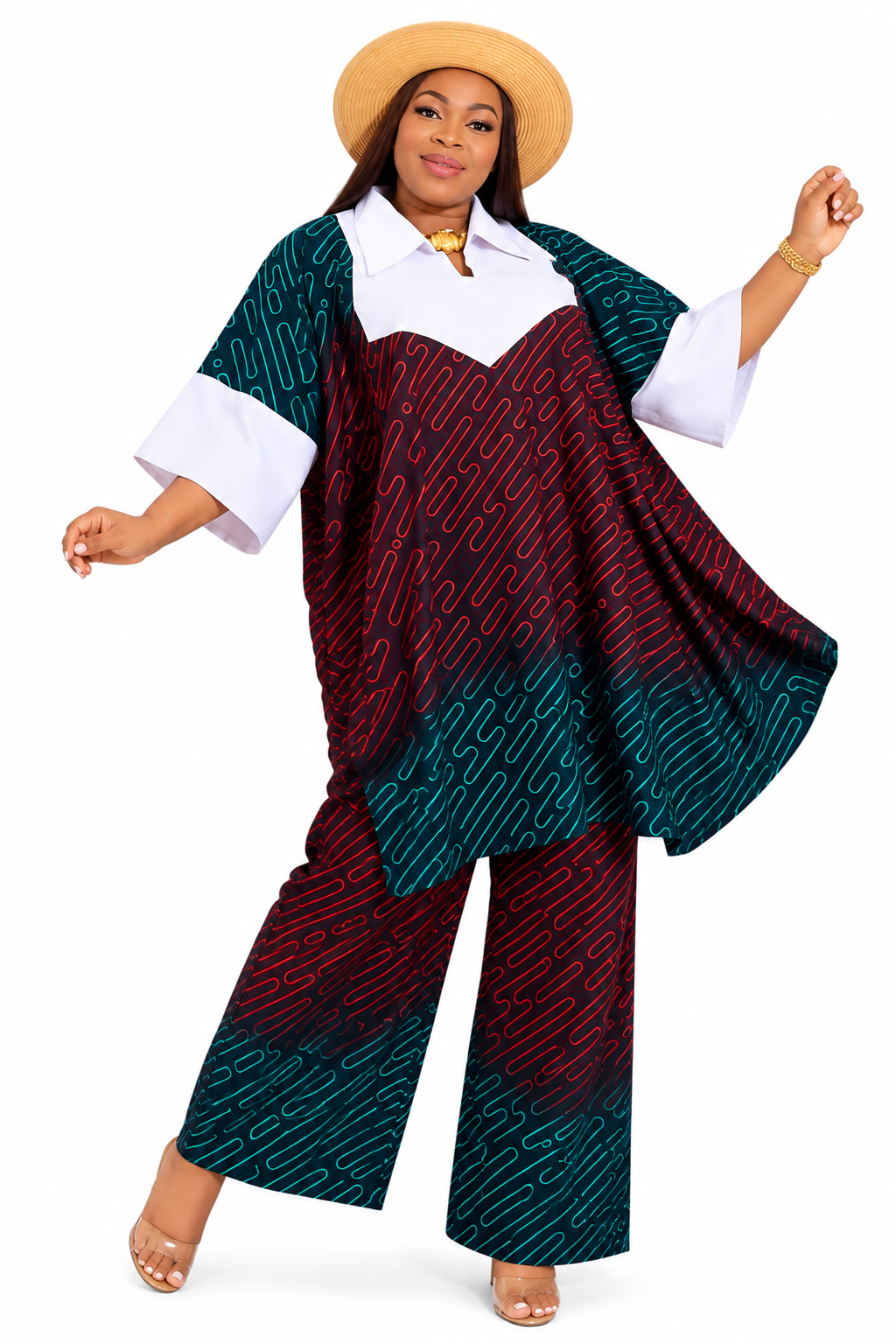 Women’s Two-Piece Printed Blouse and Trousers Set, Elegant Burgundy Red and Teal Outfit with White Collar, Size 12