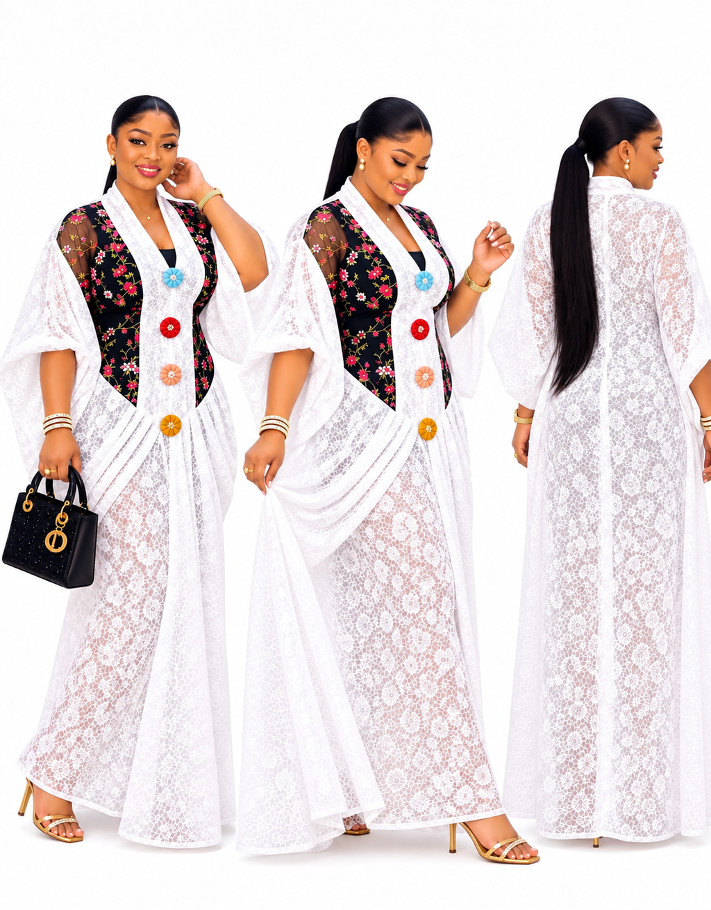 Elegant White Lace Maxi Gown with Floral Print Front Panel and Decorative Buttons