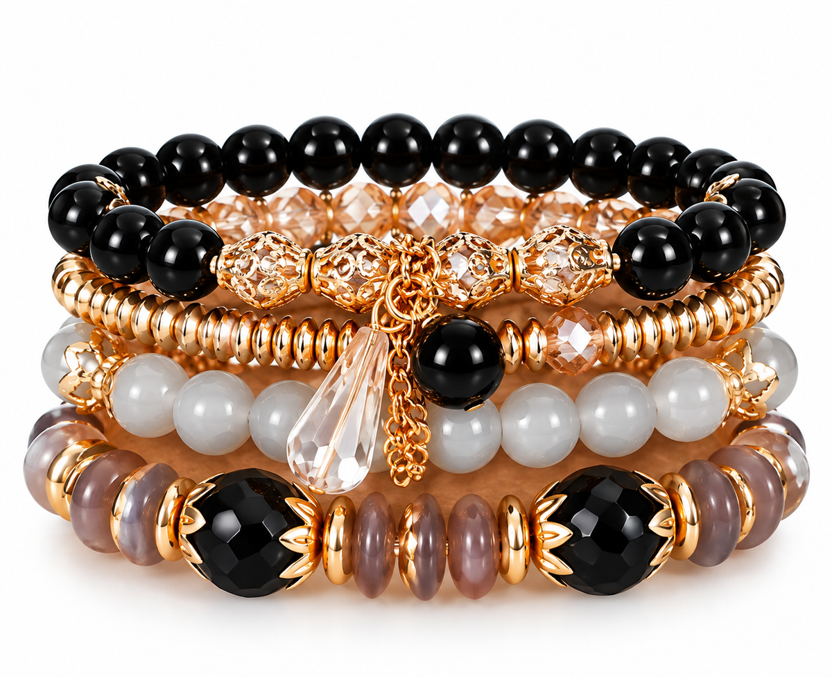 Title: Women’s Beaded Stretch Bracelet Stack Set, 4-Piece Boho Fashion Jewelry Set with Gold-Tone Charms, Colorful Beaded Bracelets for Women and Girls