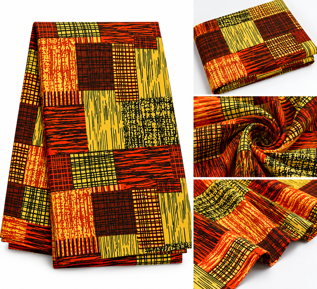 6-Yard Ankara Wax Print Fabric – African Geometric Patchwork Pattern, Orange Brown Black & Gold Yellow Cotton Fabric for Dresses, Gowns, Skirts & Sewing Projects