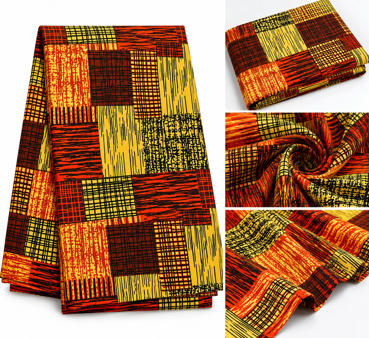 6-Yard Ankara Wax Print Fabric – African Geometric Patchwork Pattern, Orange Brown Black & Gold Yellow Cotton Fabric for Dresses, Gowns, Skirts & Sewing Projects