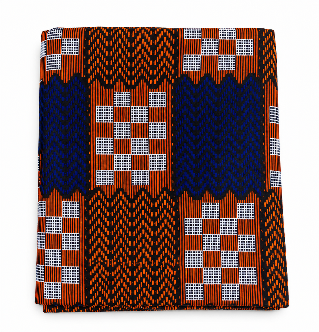 African Wax Print Fabric, Blue Orange & Black Geometric Ankara Fabric, Traditional African Print Material for Dresses, Gowns, Skirts & Fashion Sewing