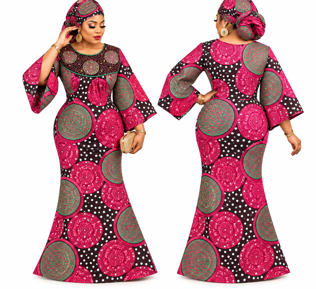 Women’s African Print Maxi Gown with Matching Headwrap, XL Size, Round Neck, 3/4 Flared Sleeves, Pink and Purple Ankara Dress for Special Occasions