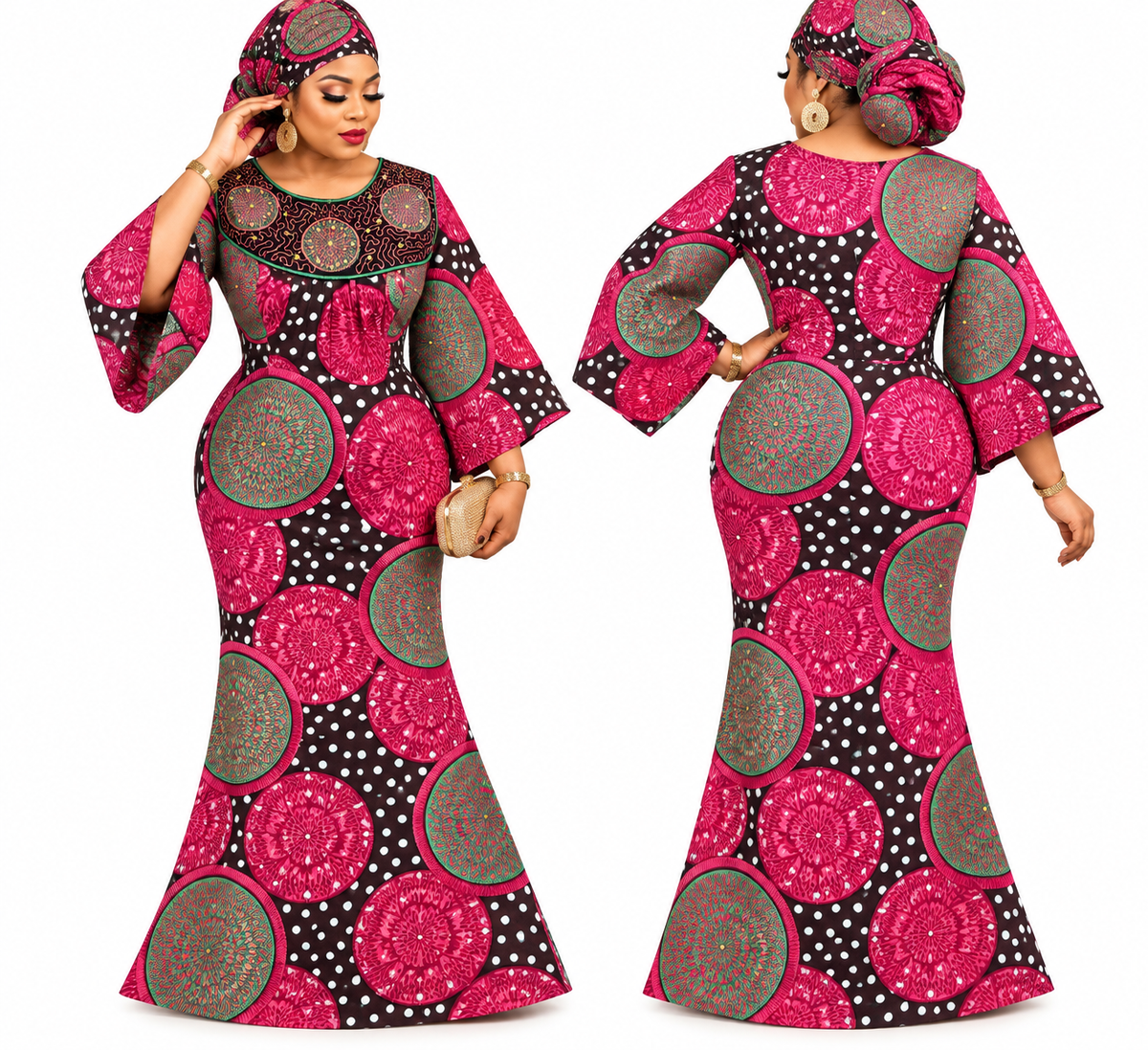 Women’s African Print Maxi Gown with Matching Headwrap, XL Size, Round Neck, 3/4 Flared Sleeves, Pink and Purple Ankara Dress for Special Occasions