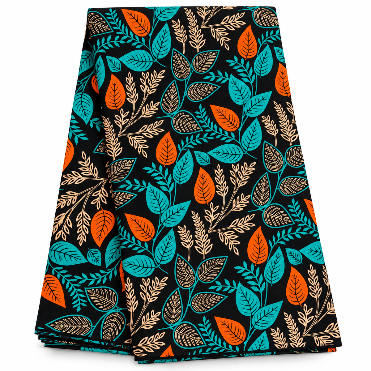 African Wax Print Fabric – Black Teal Orange & Cream Botanical Leaf Pattern, Vibrant Ankara Fabric for Dresses, Gowns, Skirts & Sewing Projects