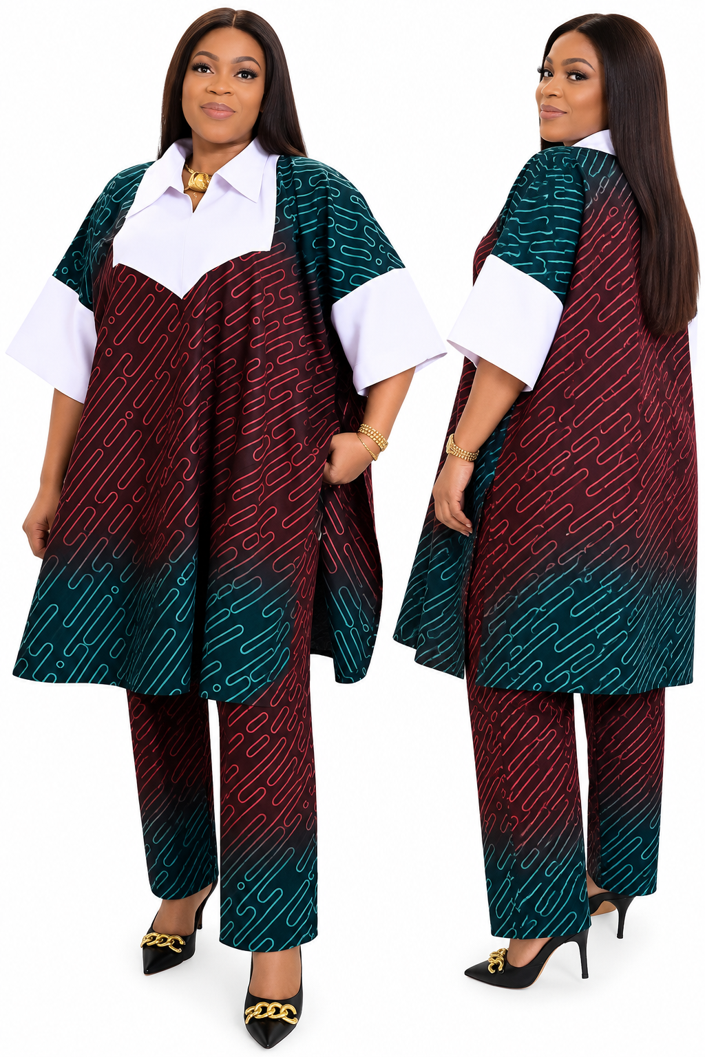 Women’s Two-Piece Printed Blouse and Trousers Set, Elegant Burgundy Red and Teal Outfit with White Collar, Size 12