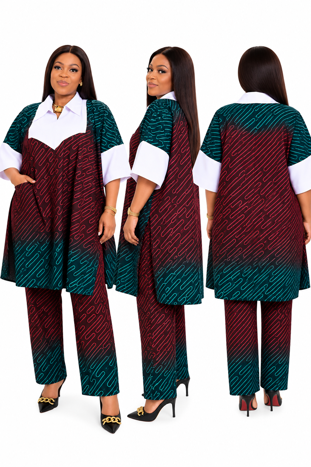 Women’s Two-Piece Printed Blouse and Trousers Set, Elegant Burgundy Red and Teal Outfit with White Collar, Size 12