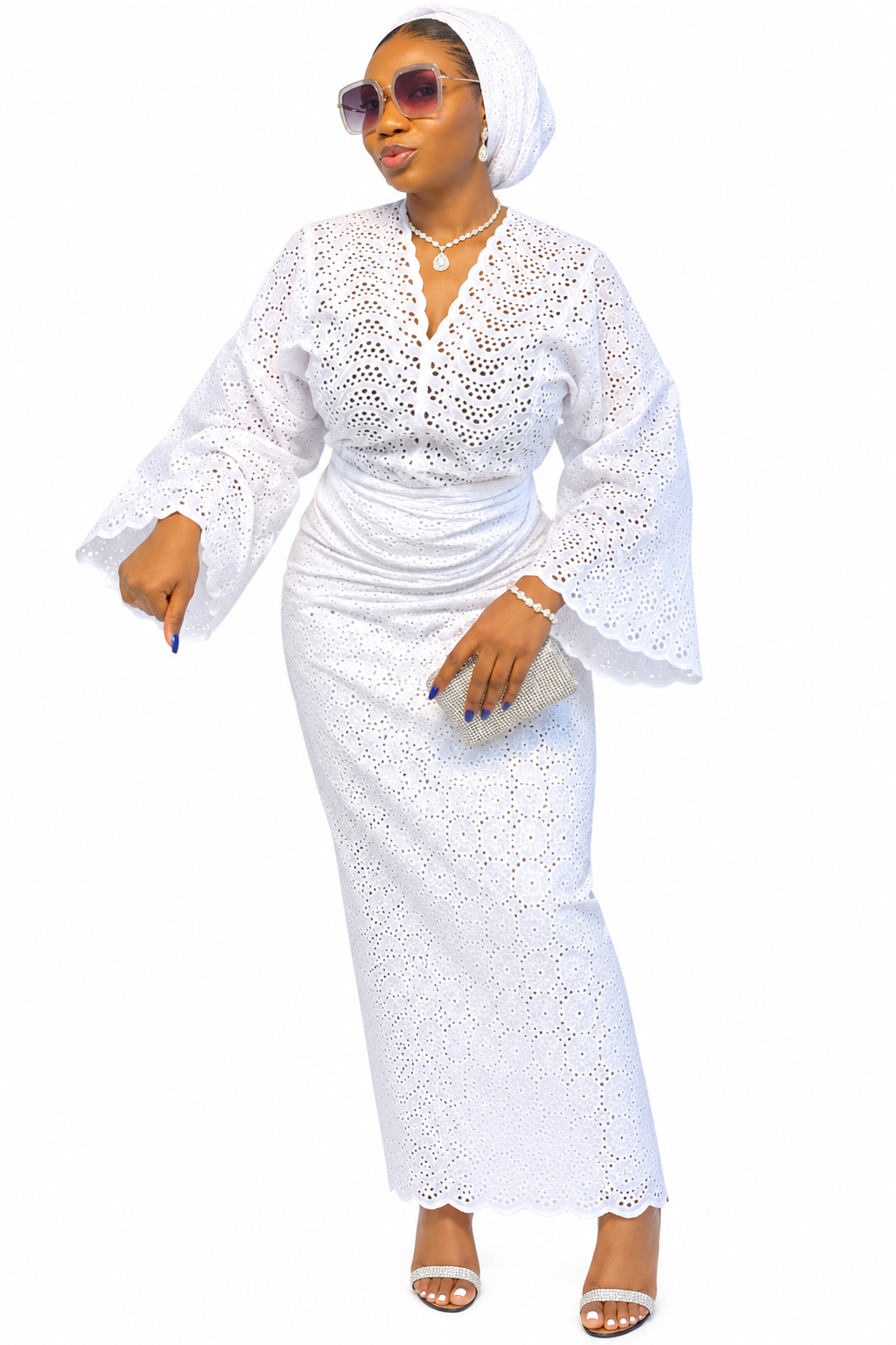 Women’s African Lace Iro and Buba Two-Piece Outfit with Matching Headwrap – Elegant Traditional Dress