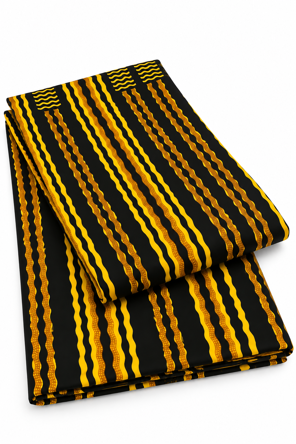 Black and Yellow African Print Fabric – Bold Wavy Stripe Pattern, Golden Accent Cotton Fabric for Dresses, Gowns, Skirts & Traditional Outfits