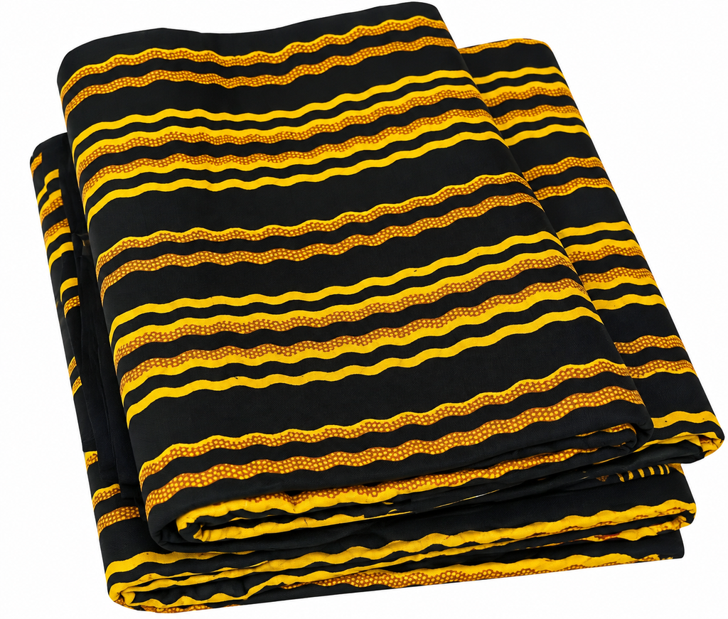 Black and Yellow African Print Fabric – Bold Wavy Stripe Pattern, Golden Accent Cotton Fabric for Dresses, Gowns, Skirts & Traditional Outfits