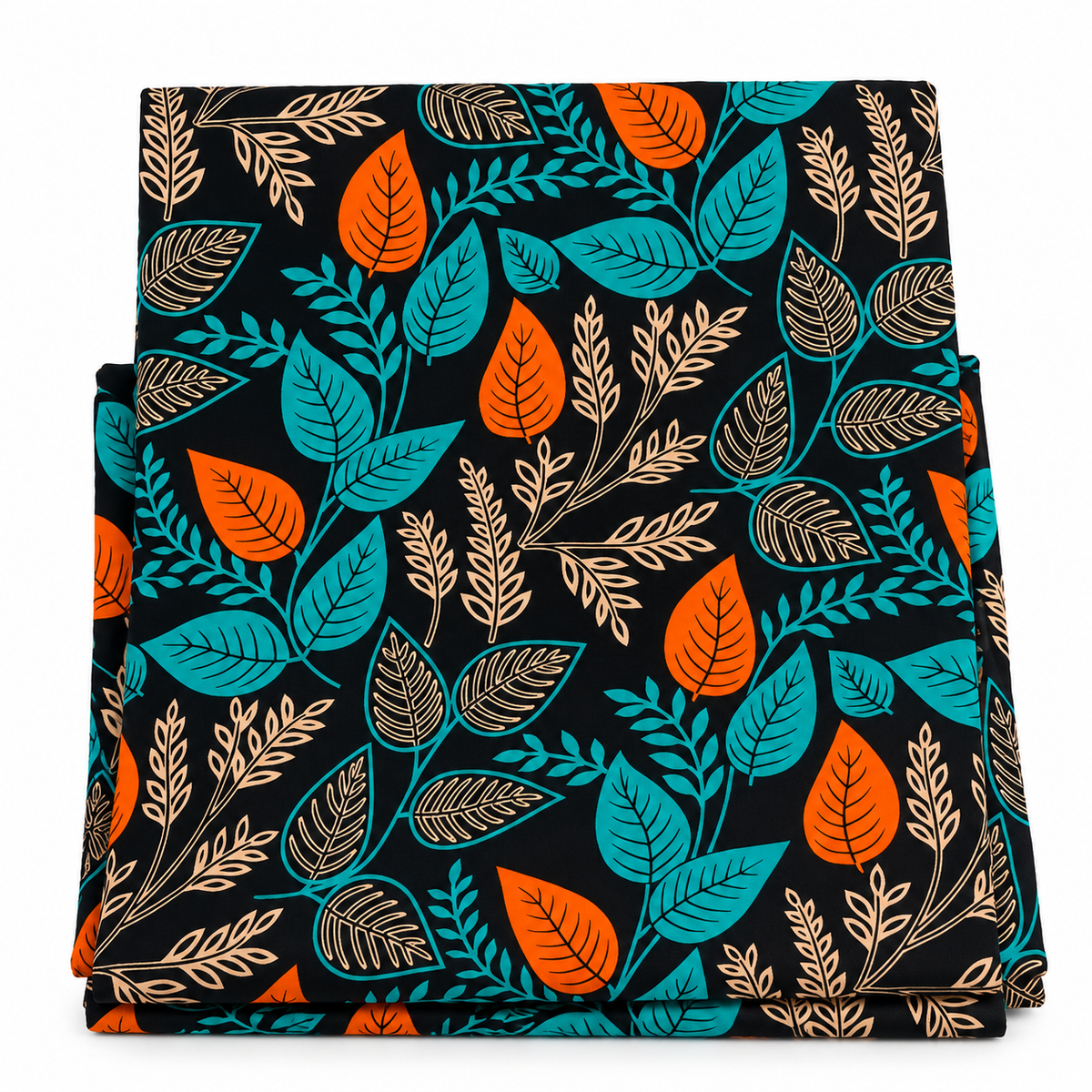 African Wax Print Fabric – Black Teal Orange & Cream Botanical Leaf Pattern, Vibrant Ankara Fabric for Dresses, Gowns, Skirts & Sewing Projects
