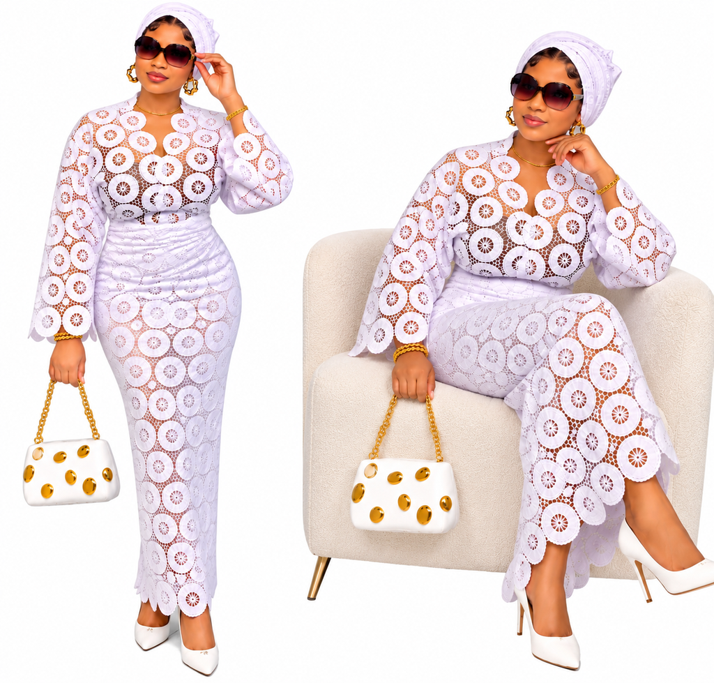 Women’s White Lace Iro and Buba Two-Piece Set