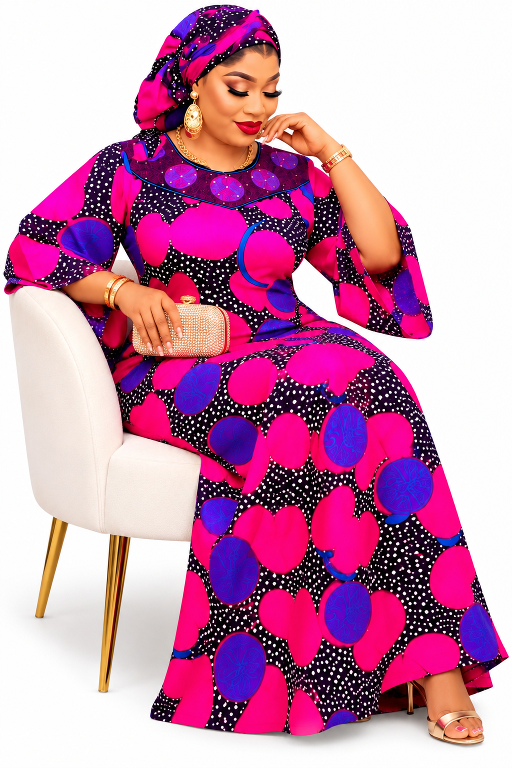 confidence.  Features:  * Style: African print maxi gown * Neckline: Round neck * Sleeves: Three-quarter flared sleeves * Length: Floor-length * Pattern: Hot pink, royal purple, and black circular print * Included accessory: Matching headwrap