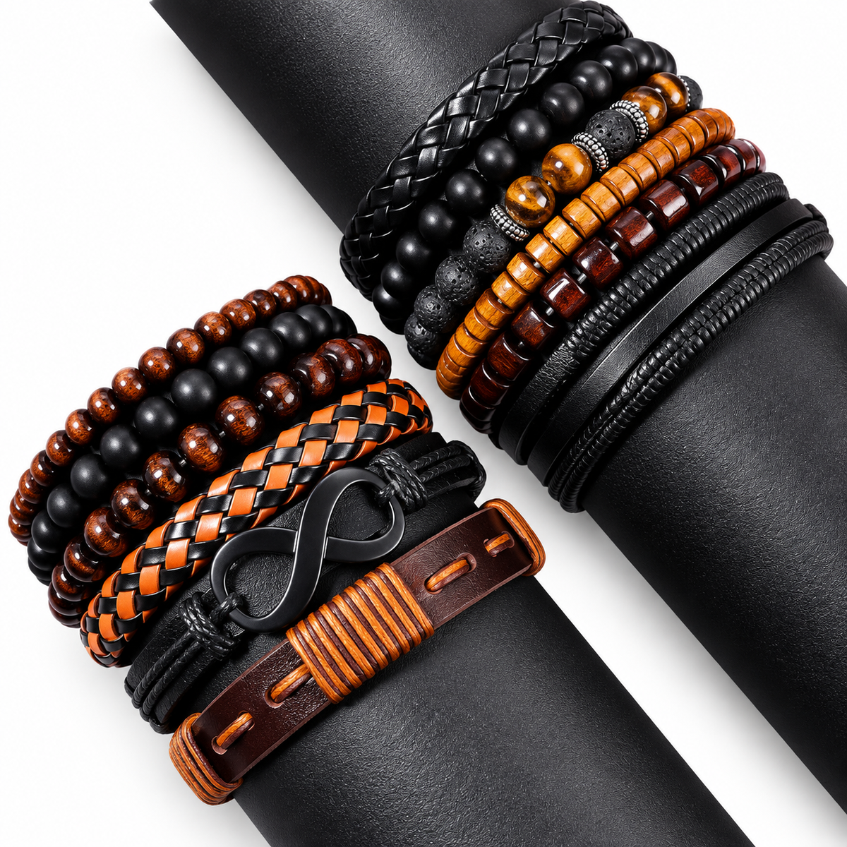 12-Piece Men’s Bracelet Set, Leather and Beaded Stackable Bracelets, Wooden Beads, Braided Wristbands, Casual Fashion Jewelry for Men, Black & Brown