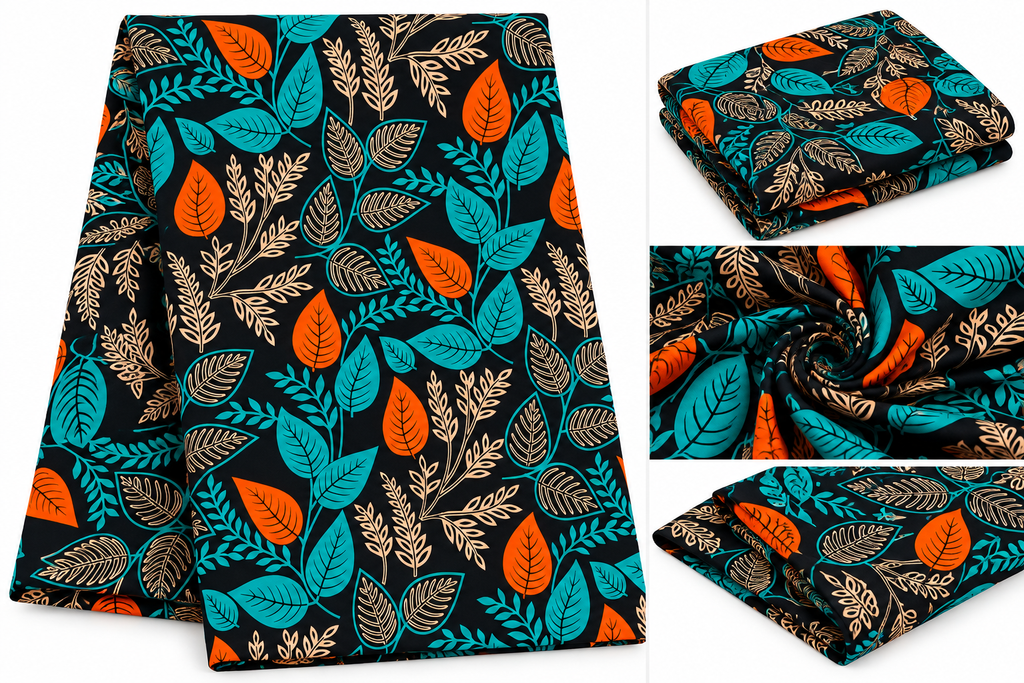 African Wax Print Fabric – Black Teal Orange & Cream Botanical Leaf Pattern, Vibrant Ankara Fabric for Dresses, Gowns, Skirts & Sewing Projects