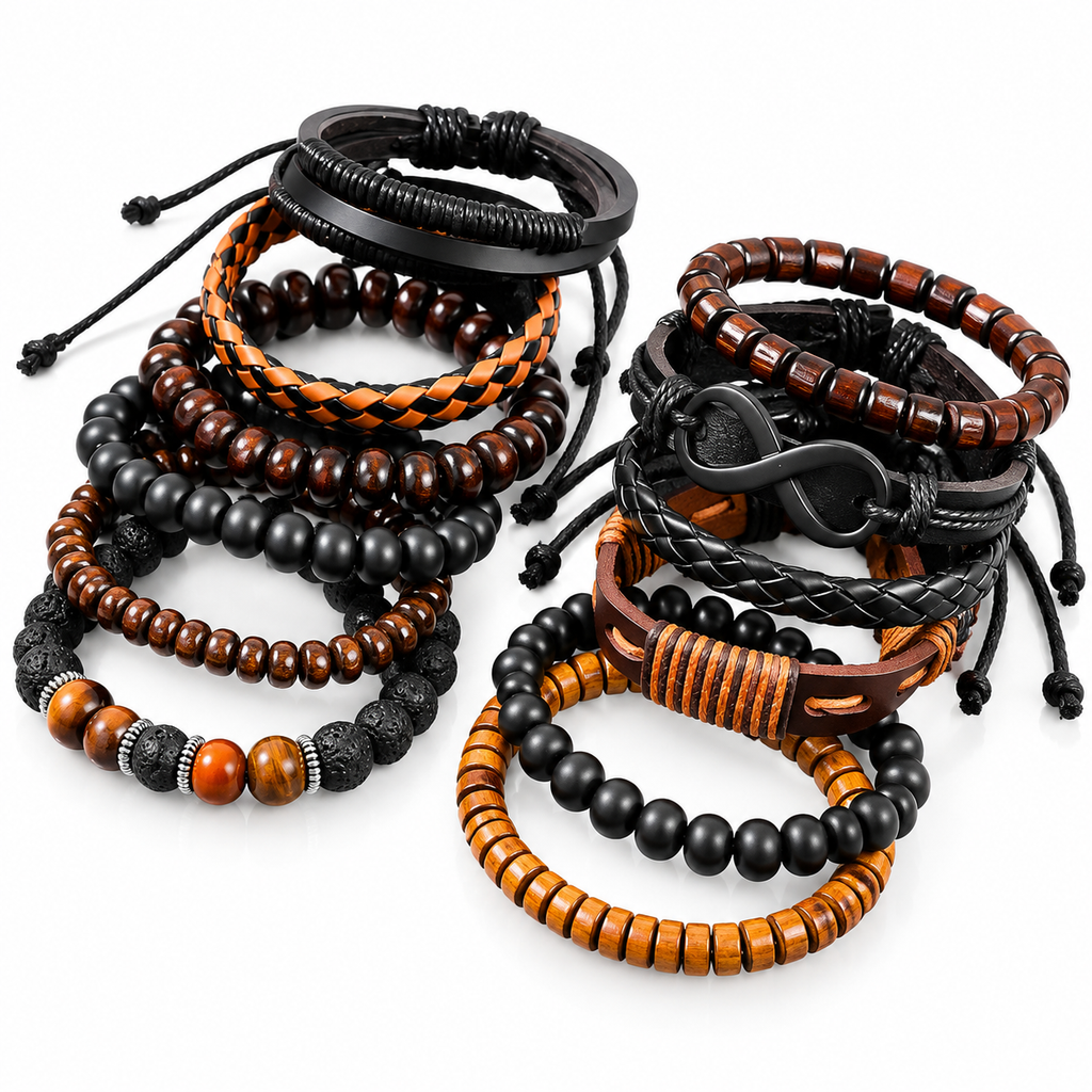12-Piece Men’s Bracelet Set, Leather and Beaded Stackable Bracelets, Wooden Beads, Braided Wristbands, Casual Fashion Jewelry for Men, Black & Brown