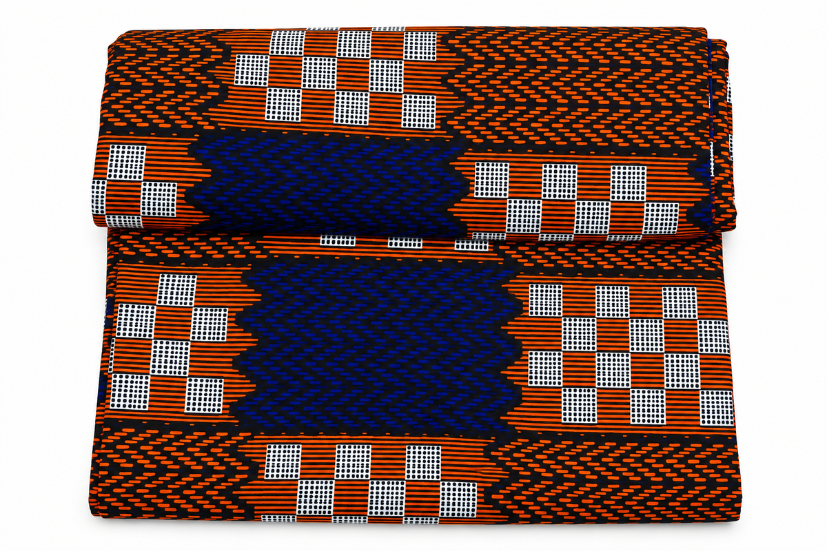 African Wax Print Fabric, Blue Orange & Black Geometric Ankara Fabric, Traditional African Print Material for Dresses, Gowns, Skirts & Fashion Sewing