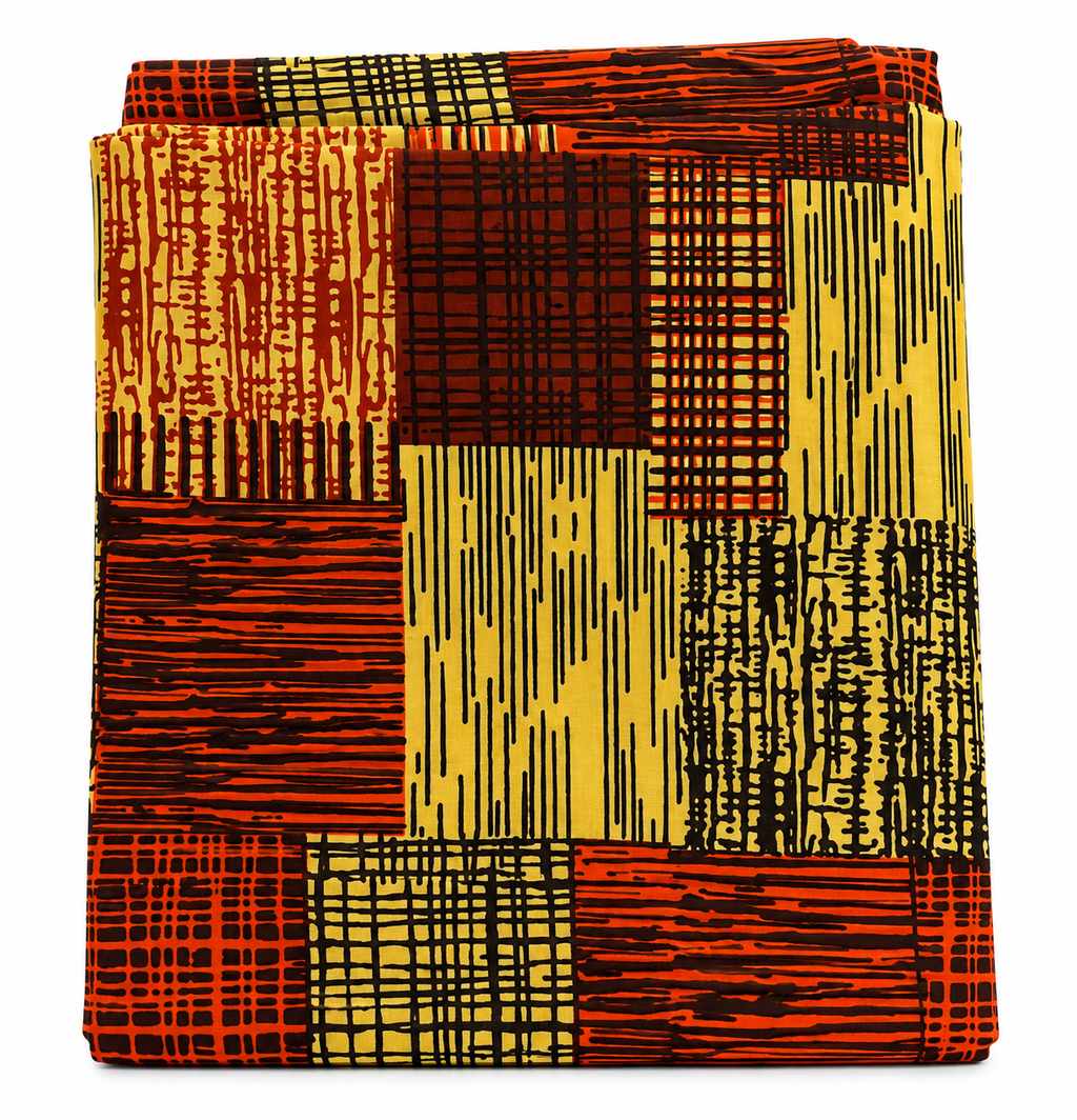 6-Yard Ankara Wax Print Fabric – African Geometric Patchwork Pattern, Orange Brown Black & Gold Yellow Cotton Fabric for Dresses, Gowns, Skirts & Sewing Projects