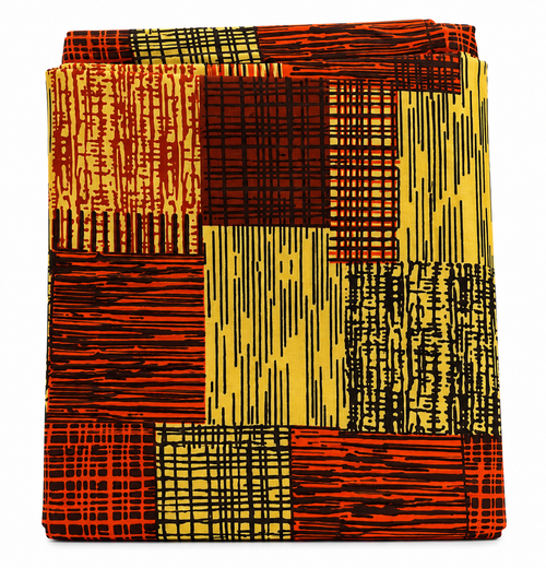 6-Yard Ankara Wax Print Fabric – African Geometric Patchwork Pattern, Orange Brown Black & Gold Yellow Cotton Fabric for Dresses, Gowns, Skirts & Sewing Projects