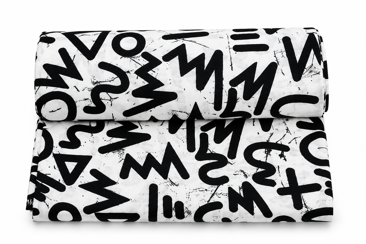 Black and White African Ankara Wax Print Fabric – Bold Abstract Geometric Tribal Pattern, 6 Yards