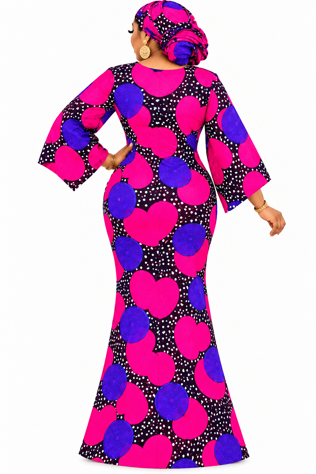 confidence.  Features:  * Style: African print maxi gown * Neckline: Round neck * Sleeves: Three-quarter flared sleeves * Length: Floor-length * Pattern: Hot pink, royal purple, and black circular print * Included accessory: Matching headwrap