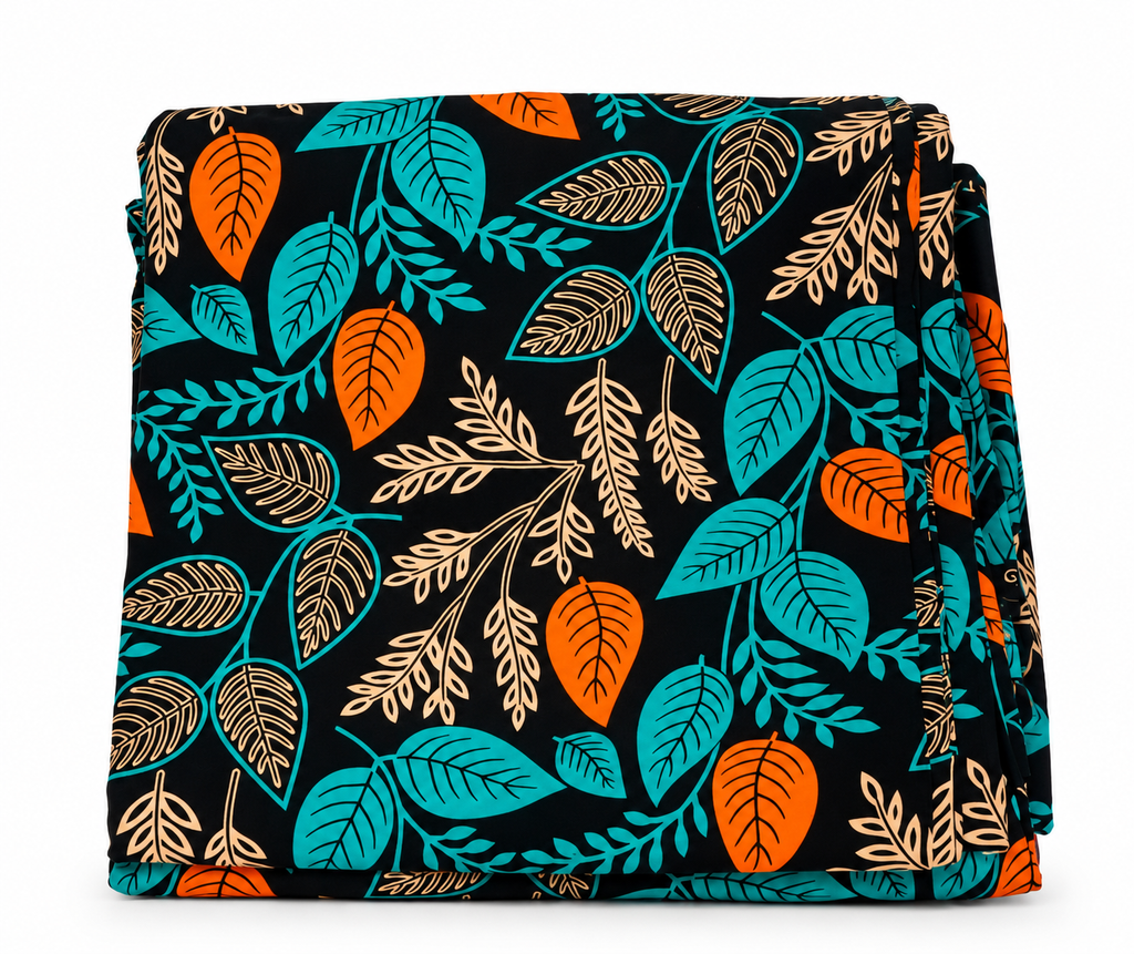 African Wax Print Fabric – Black Teal Orange & Cream Botanical Leaf Pattern, Vibrant Ankara Fabric for Dresses, Gowns, Skirts & Sewing Projects