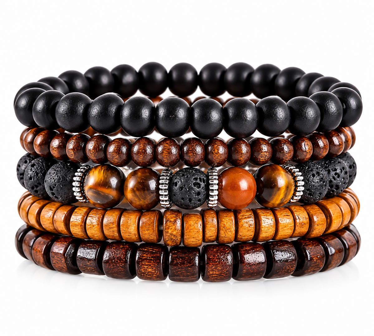 12-Piece Men’s Bracelet Set, Leather and Beaded Stackable Bracelets, Wooden Beads, Braided Wristbands, Casual Fashion Jewelry for Men, Black & Brown