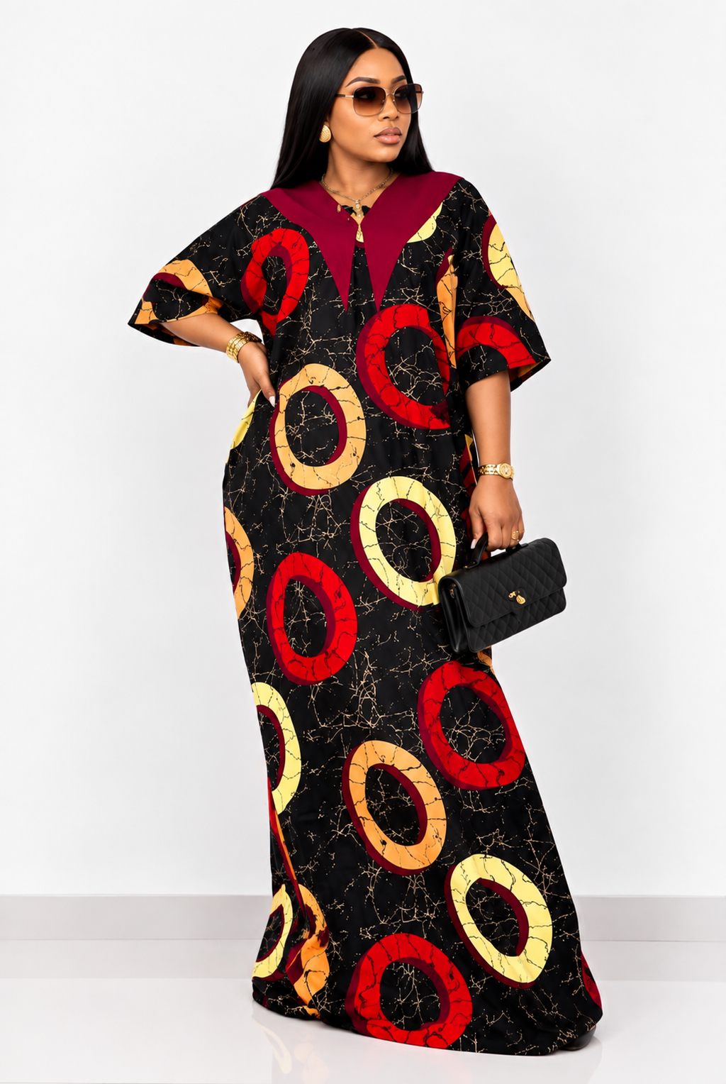 African Ankara Maxi Kaftan Dress with Bow Back
