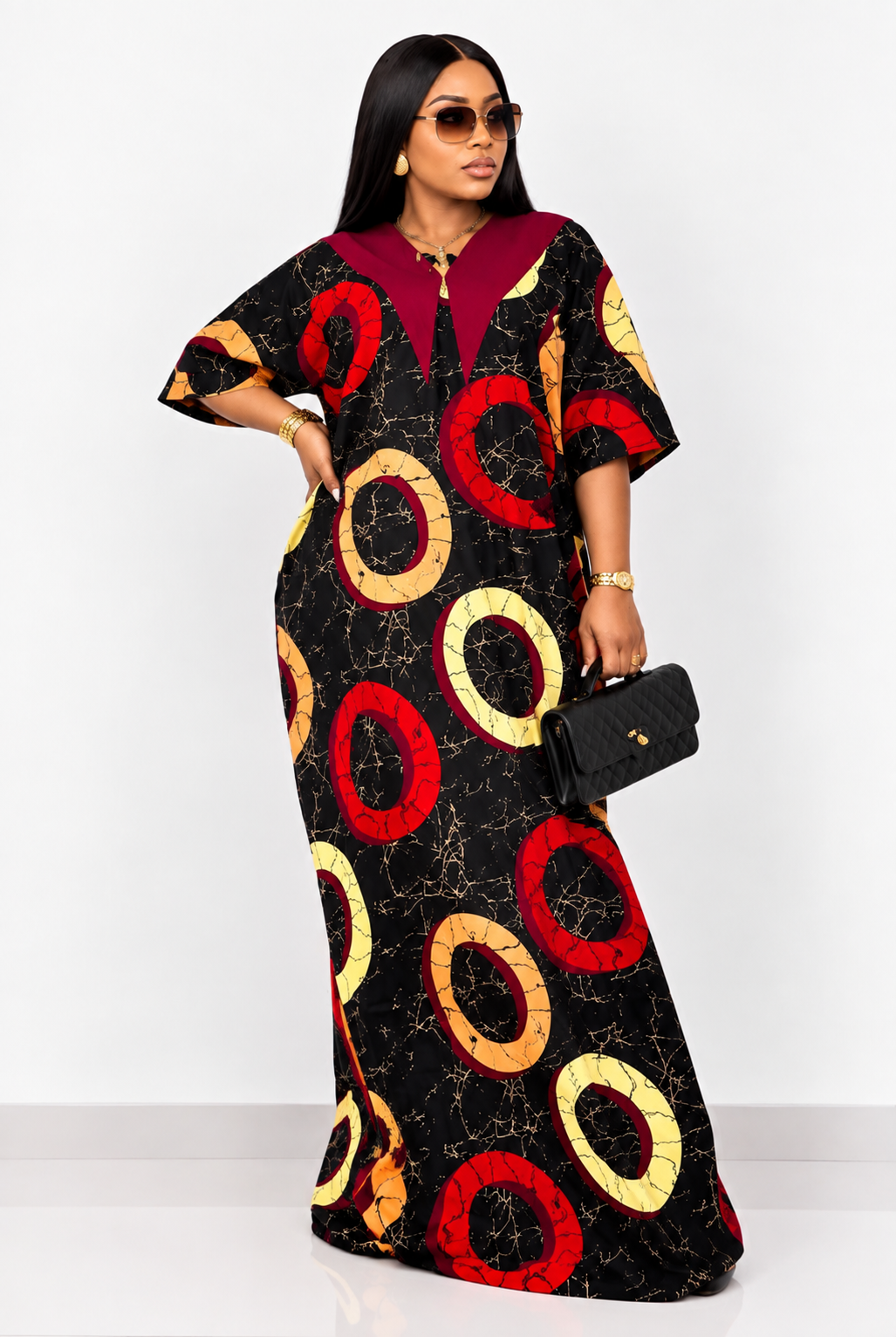 African Ankara Maxi Kaftan Dress with Bow Back