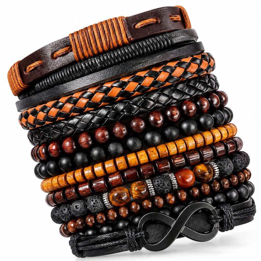 12-Piece Men’s Bracelet Set, Leather and Beaded Stackable Bracelets, Wooden Beads, Braided Wristbands, Casual Fashion Jewelry for Men, Black & Brown