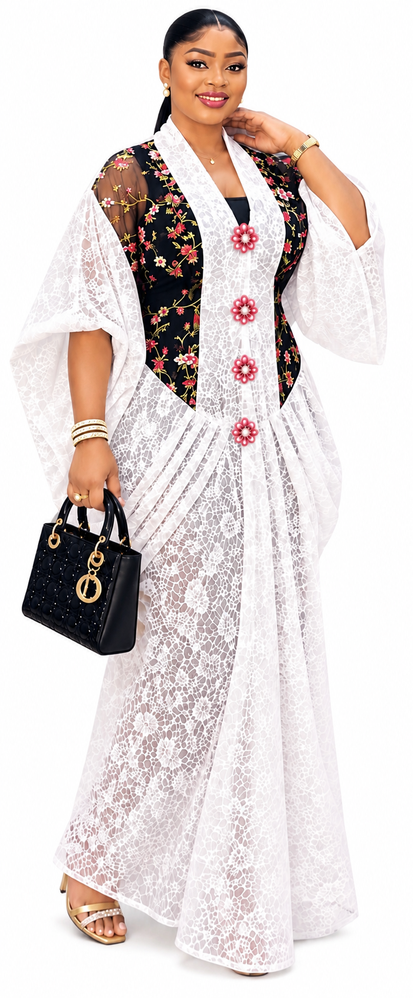 Elegant White Lace Maxi Gown with Floral Print Front Panel and Decorative Buttons