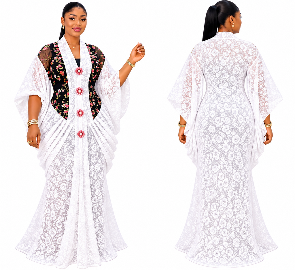 Elegant White Lace Maxi Gown with Floral Print Front Panel and Decorative Buttons