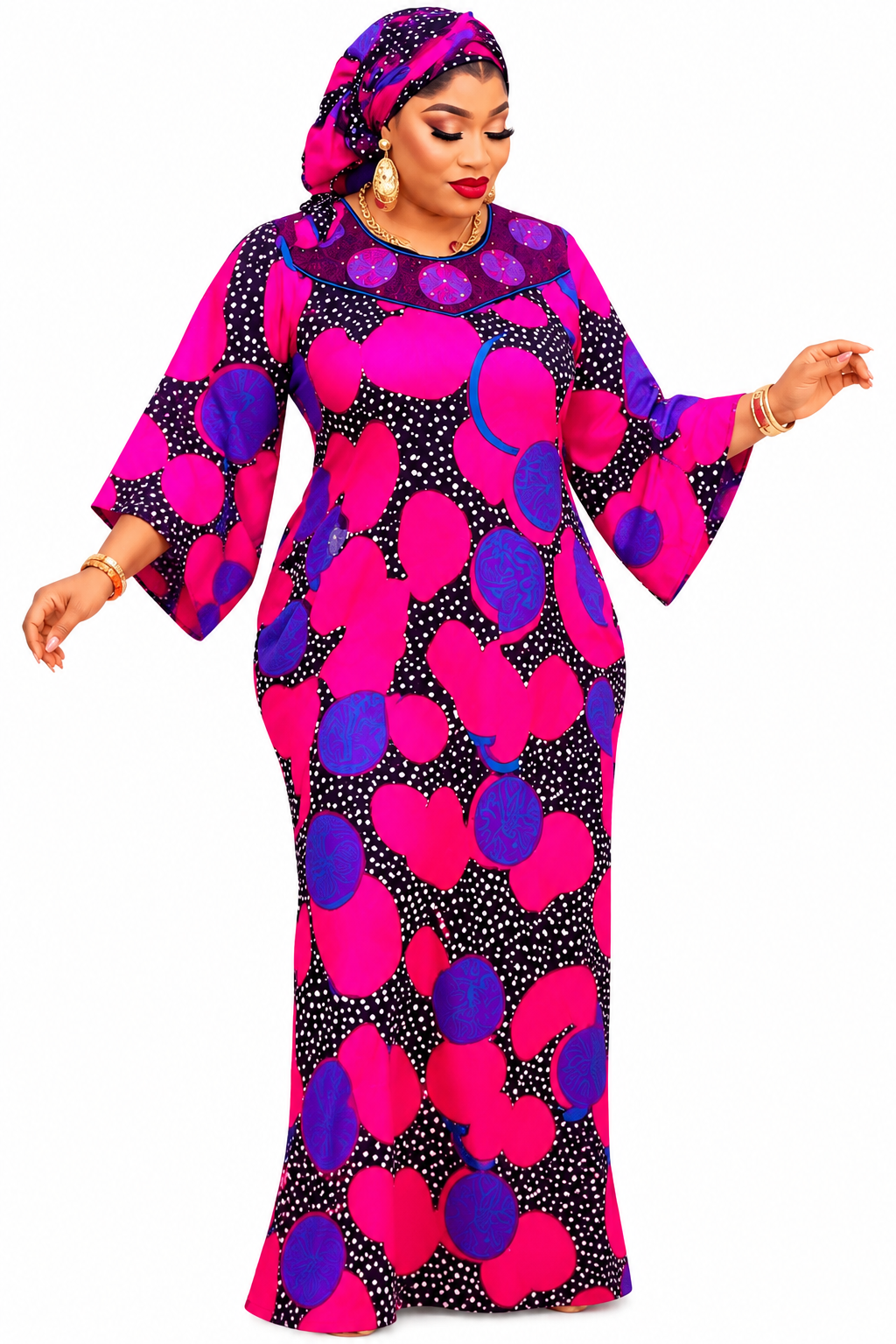 confidence.  Features:  * Style: African print maxi gown * Neckline: Round neck * Sleeves: Three-quarter flared sleeves * Length: Floor-length * Pattern: Hot pink, royal purple, and black circular print * Included accessory: Matching headwrap