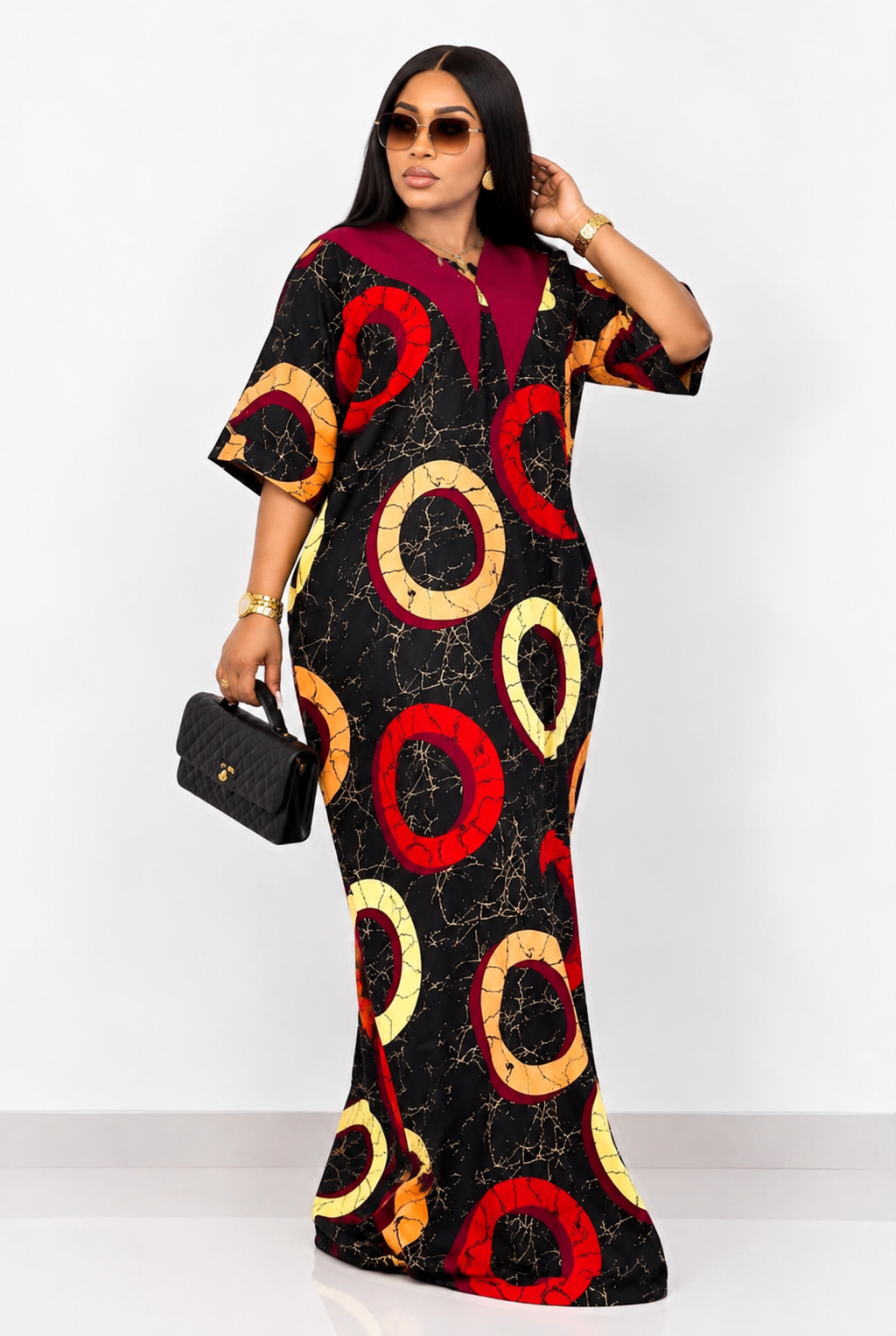 African Ankara Maxi Kaftan Dress with Bow Back