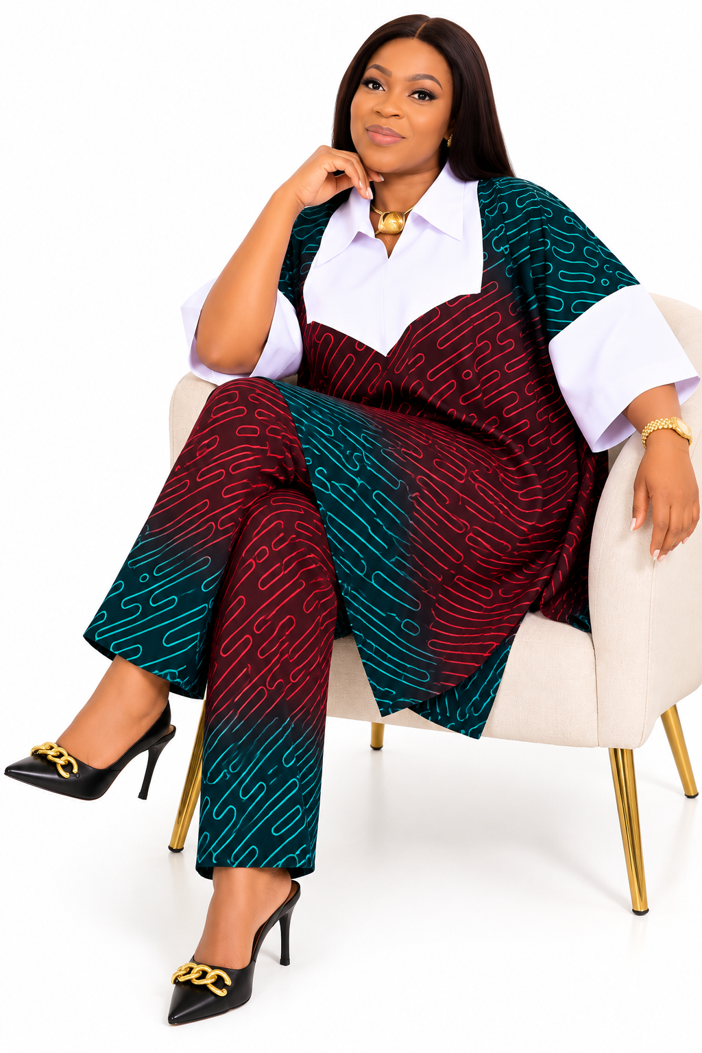 Women’s Two-Piece Printed Blouse and Trousers Set, Elegant Burgundy Red and Teal Outfit with White Collar, Size 12