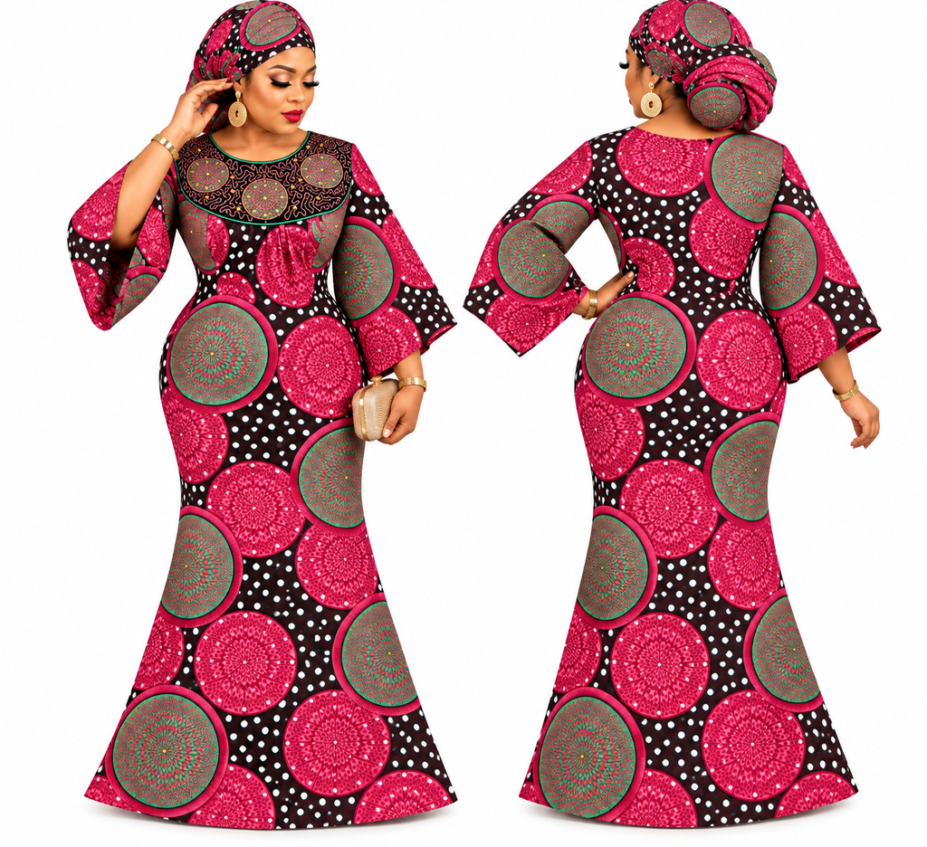 Women’s African Print Maxi Gown with Matching Headwrap, XL Size, Round ...